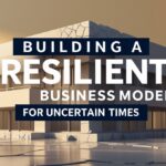 Image depicting a strong, modern building with cracks in the ground around it, symbolizing a resilient business model in uncertain times.